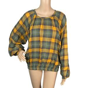 Acote by Cotelac Yellow Green Flannel Plaid Button Back Blouse Top SZ 4